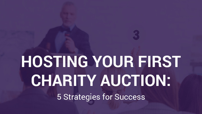 A scene of an auctioneer in front of an audience with a purple overlay and text: "Hosting Your First Charity Auction: 5 Strategies for Success"