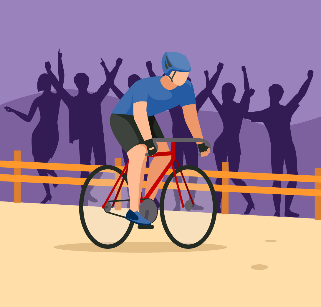 This graphic of someone riding a bike with spectators cheering them on represents the idea of a bike-a-thon fundraiser.